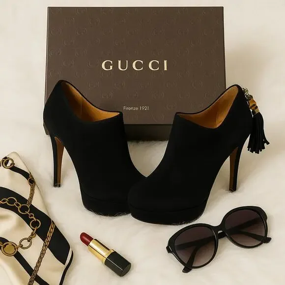 Gucci Betty High Heel Platform Bootie Size 36.5 | 6.5 Black Suede Bamboo Tassel - Picture 2 of 15